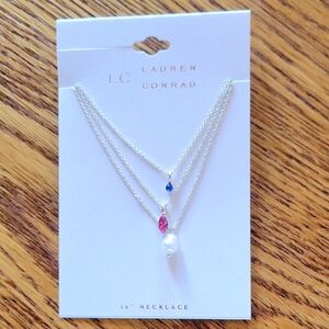 NWT Lauren Conrad 3 Layer Silver Necklace with Blue, Pink & Pearl
